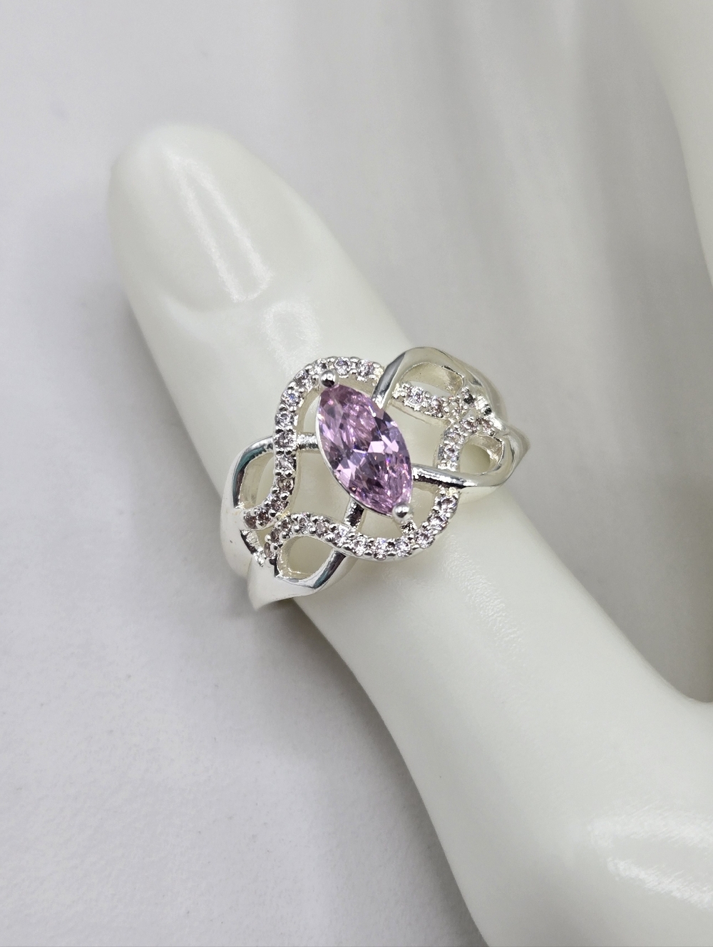 Swarovski Crystal Elements Silver Statement Ring Pink Size 8.75 Bridal Prom